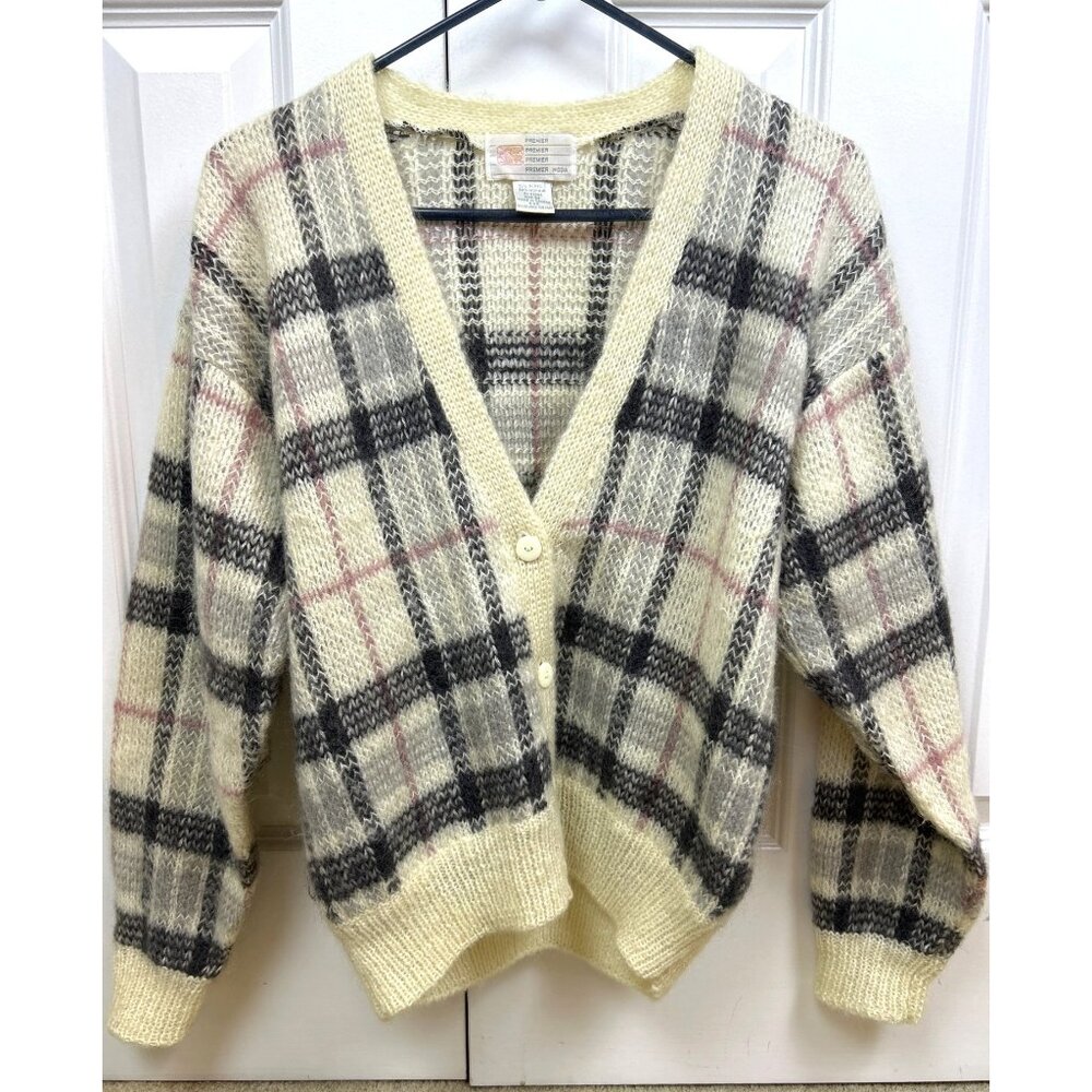 Vintage Premier Fuzzy Cardigan Size M Mohair Plaid Preppy Academia Cream Gray